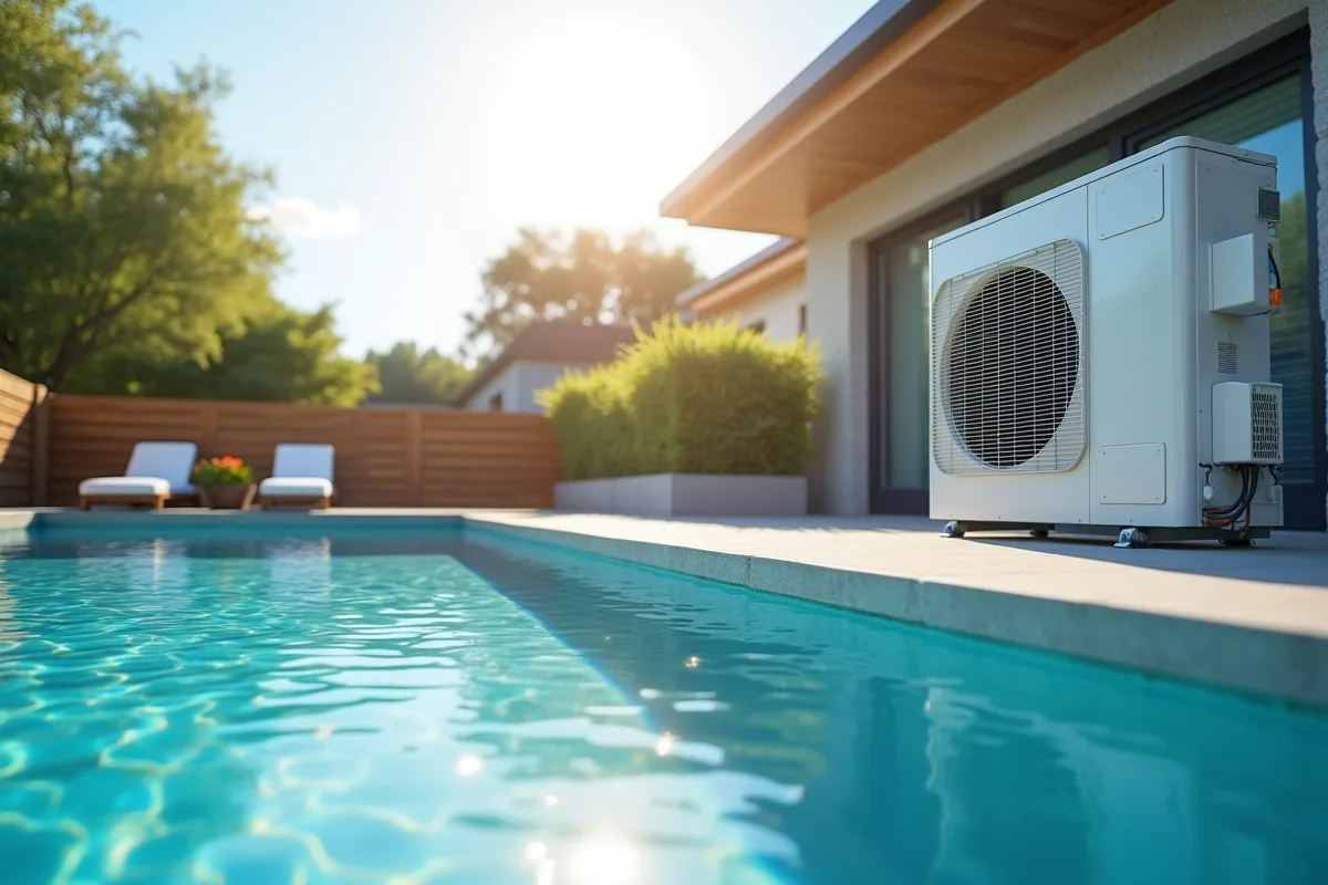 Pompe à chaleur chauffant une piscine sous le soleil d'été