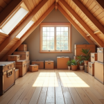 Chambre de grenier lumineuse et bien rangée avec poutres en bois