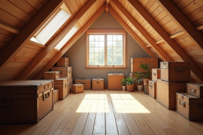 Chambre de grenier lumineuse et bien rangée avec poutres en bois
