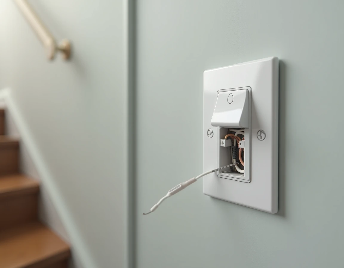 Gros plan sur le branchement d'un bouton poussoir Legrand avec câblage visible dans une cage d'escalier