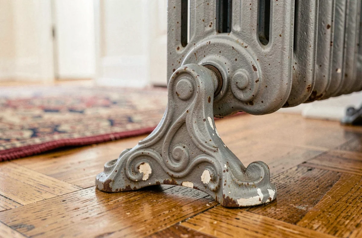 Gros plan sur un pied en fonte à motifs victoriens fixant la base d'un vieux radiateur à colonnes sur un parquet en chêne ancien