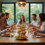 Groupe d'amis souriants autour d'un repas convivial