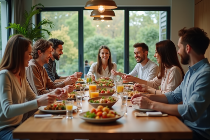 Groupe d'amis souriants autour d'un repas convivial
