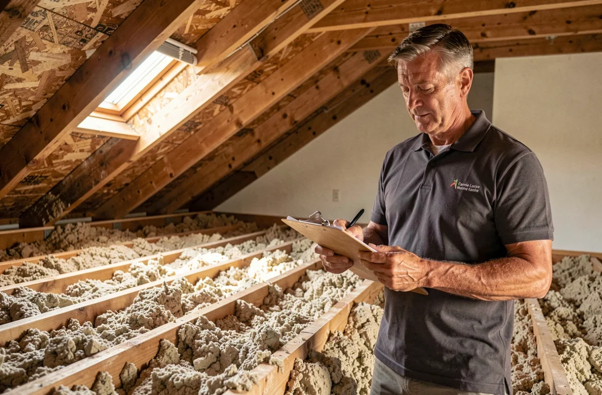 Consultant d'Habitat Concept Isolation vérifiant la qualité de l'isolation par soufflage en ouate de cellulose dans les combles d'une maison en Maine-et-Loire