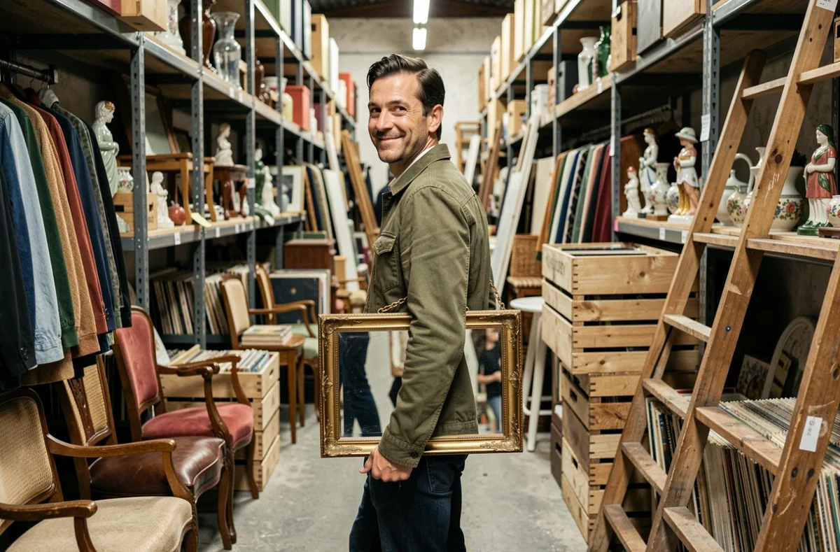 Homme portant un miroir doré vintage dans les allées d'un dépôt vente à Caen, ambiance brocante authentique