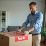 Homme posant un sticker fragile sur une boîte en carton
