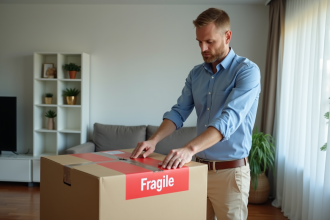 Homme posant un sticker fragile sur une boîte en carton