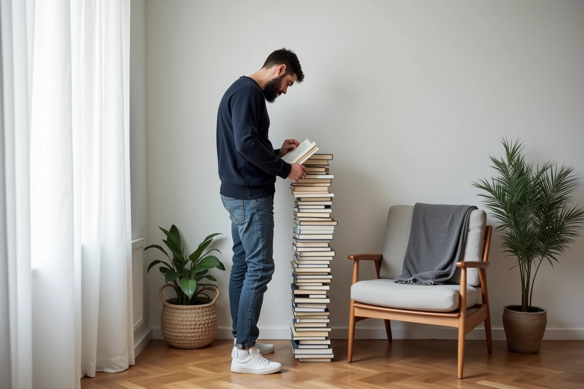 Homme choisissant un livre sur un book stacker vertical dans un salon scandinave moderne