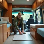 Homme dans un van aménagé posant sur le sol PVC