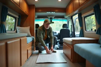 Homme dans un van aménagé posant sur le sol PVC