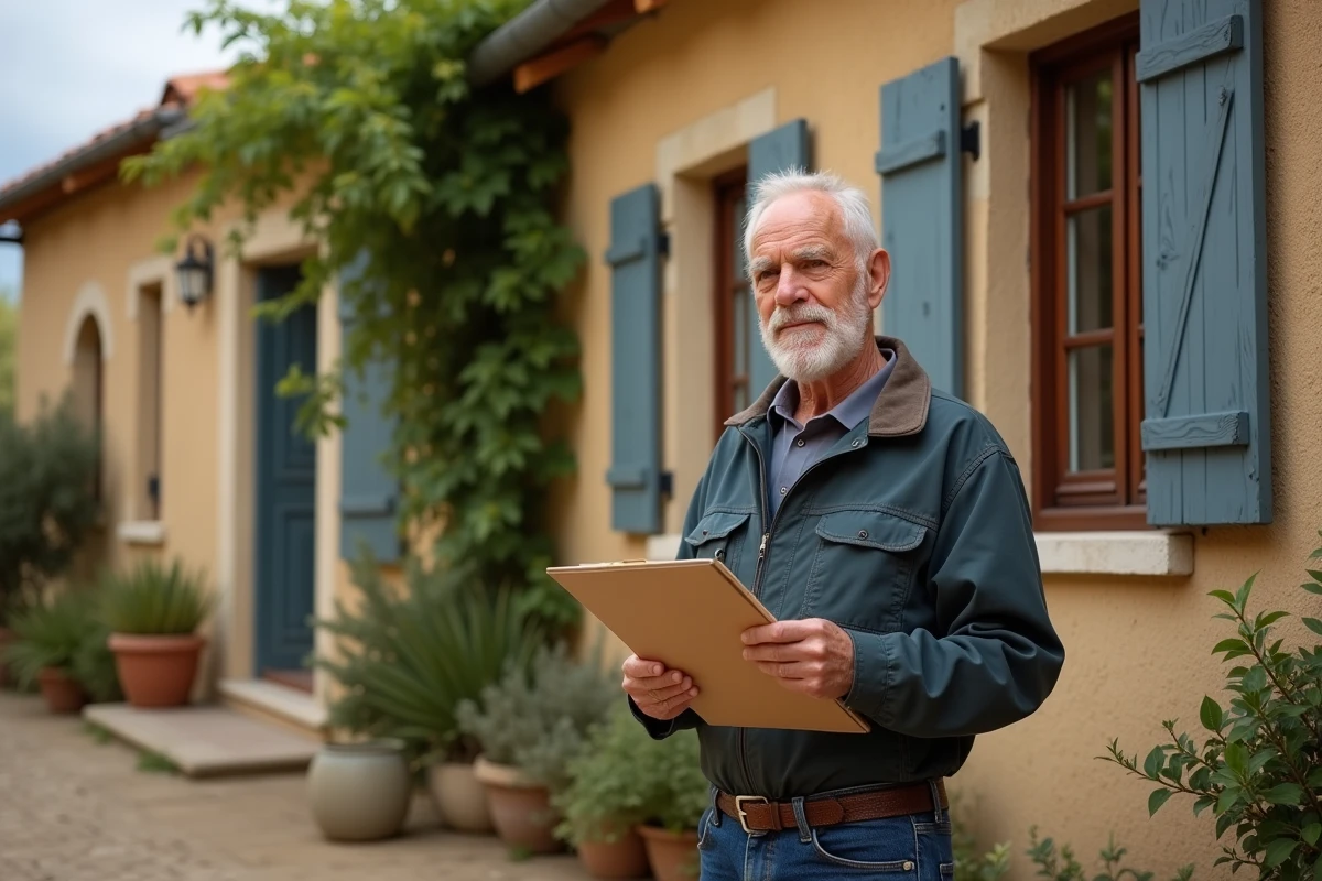 Homme senior en extérieur devant maison en pierre rénovée