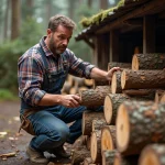 Homme en chemise à carreaux chargeant du bois sec à l'extérieur