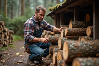 Homme en chemise à carreaux chargeant du bois sec à l'extérieur