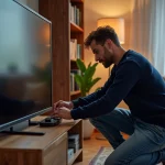 Homme d'âge moyen connectant un câble HDMI à un écran TV dans un salon chaleureux