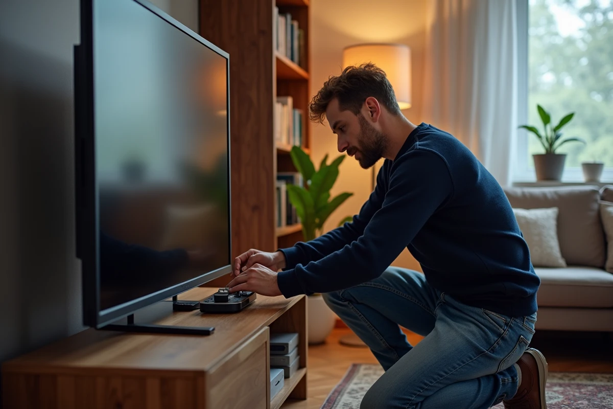 Homme d'âge moyen connectant un câble HDMI à un écran TV dans un salon chaleureux