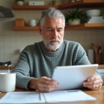 Homme d'âge moyen regarde sa facture d'énergie à la maison