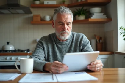 Homme d'âge moyen regarde sa facture d'énergie à la maison