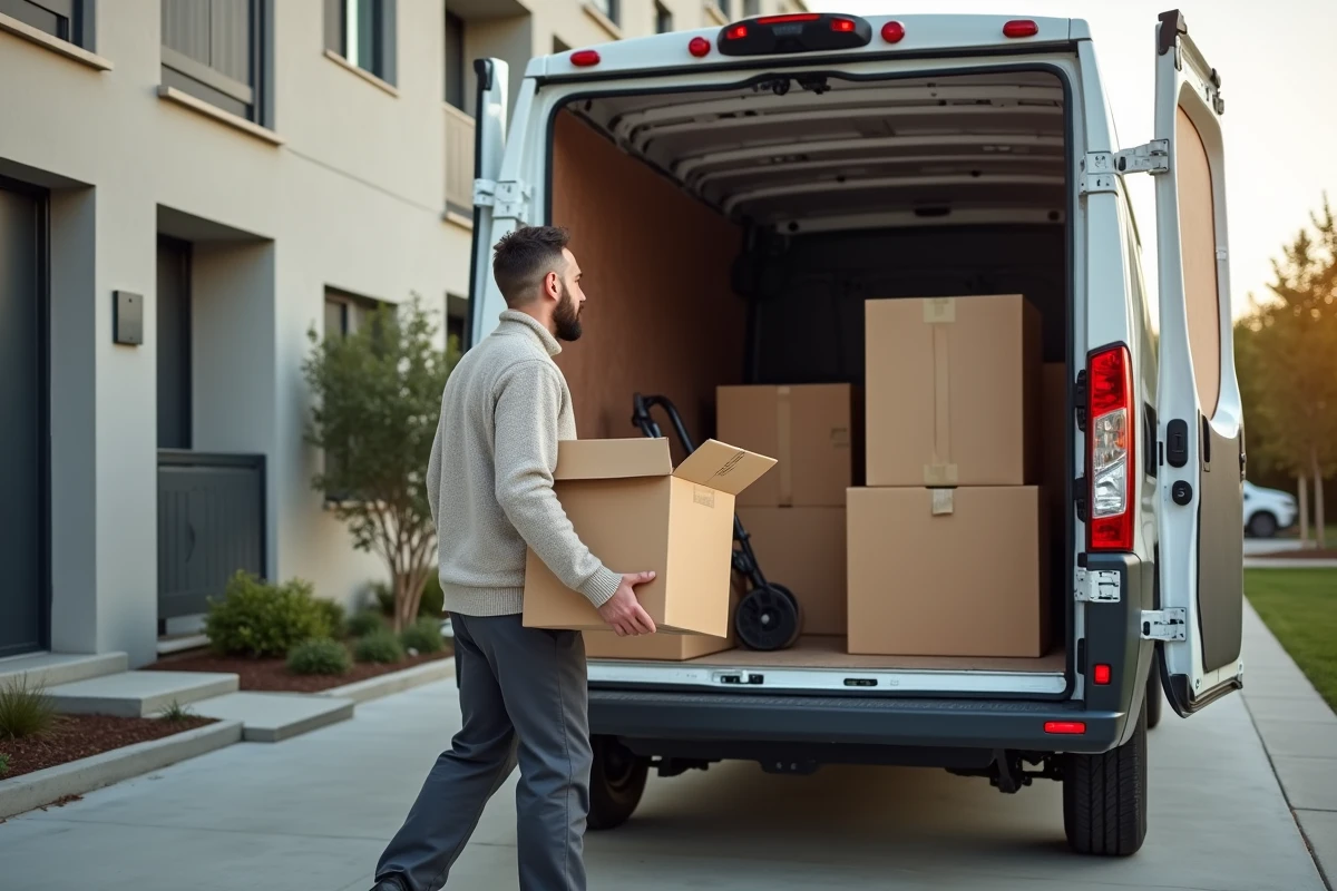 Homme déchargeant des cartons dans une voiture en déménagement
