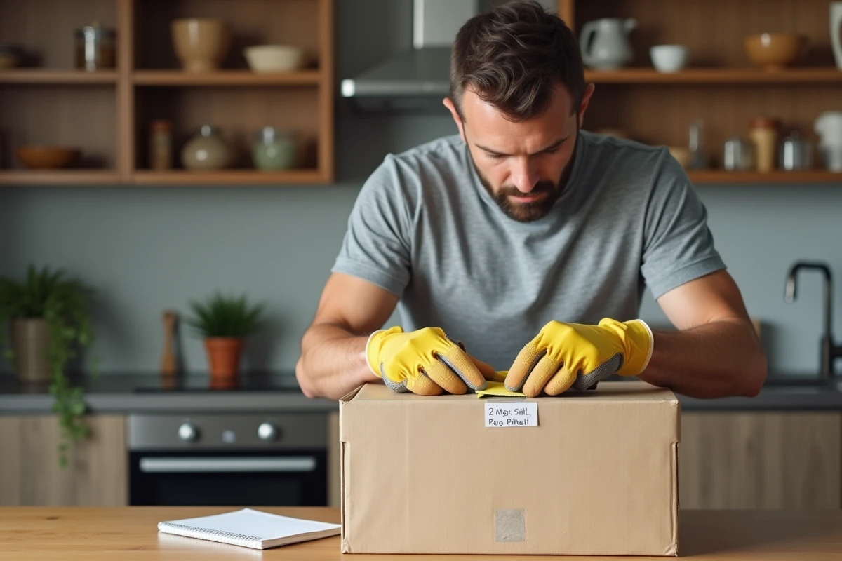 Homme emballant des cartons de déménagement dans une cuisine avec checklist posée sur le comptoir