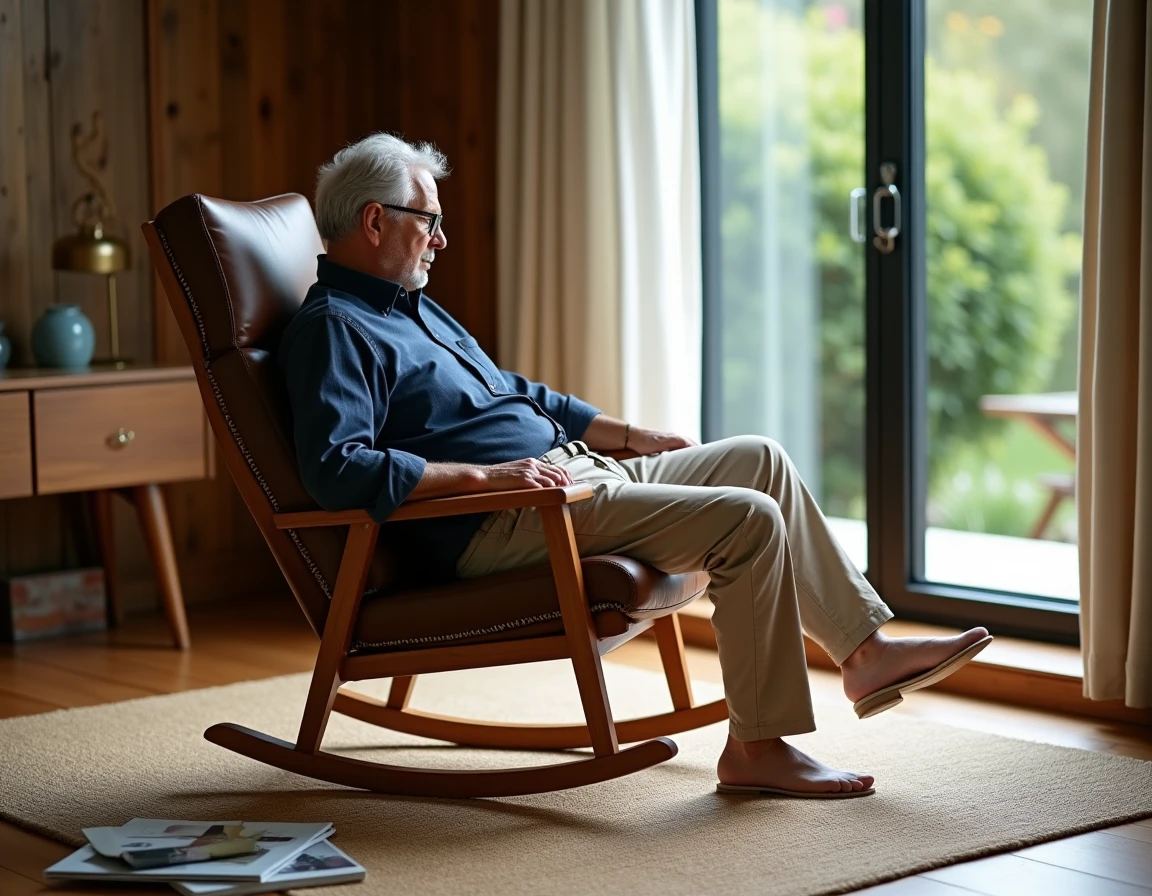 Homme évaluant le soutien lombaire d'un fauteuil de lecture en bois dans un bureau aménagé à domicile