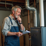 Homme en overalls examinant un four électrique moderne dans un sous-sol