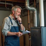 Homme en overalls examinant un four électrique moderne dans un sous-sol
