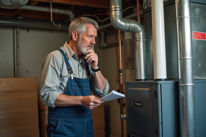 Homme en overalls examinant un four électrique moderne dans un sous-sol