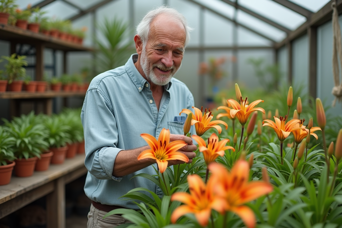 Homme âgé inspectant des lys dans une serre lumineuse