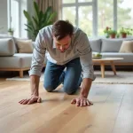 Homme inspectant un sol en bois dans un salon moderne