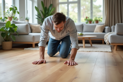 Homme inspectant un sol en bois dans un salon moderne