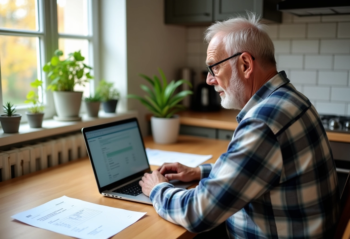 Homme retraité comparant sa facture d énergie sur un ordinateur portable