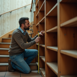 Homme d'âge moyen mesurant une étagère en bois dans un appartement