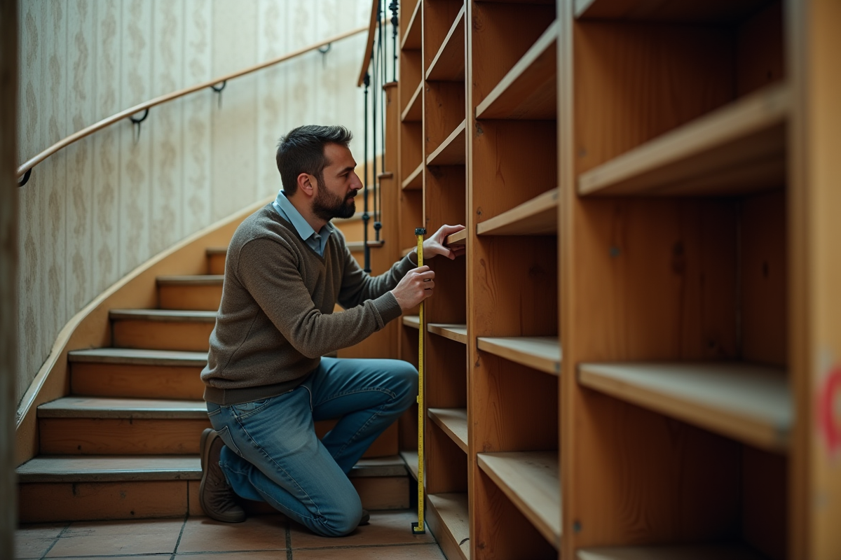 Homme d'âge moyen mesurant une étagère en bois dans un appartement
