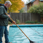 Homme d'âge moyen nettoyant la bâche de piscine extérieure
