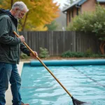 Homme d'âge moyen nettoyant la bâche de piscine extérieure