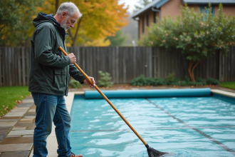 Homme d'âge moyen nettoyant la bâche de piscine extérieure