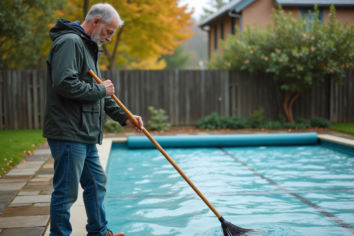 Homme d'âge moyen nettoyant la bâche de piscine extérieure