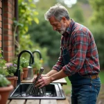 Homme d'âge moyen nettoyant des outils de jardinage en extérieur