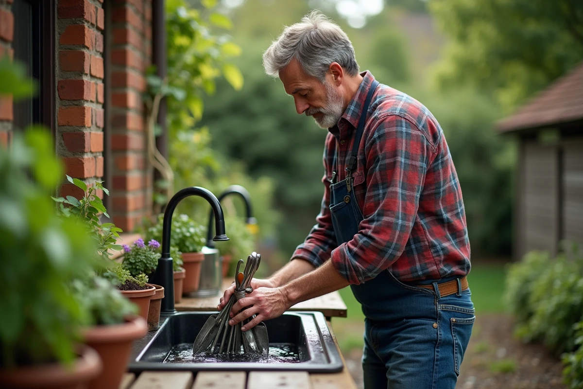Homme d'âge moyen nettoyant des outils de jardinage en extérieur