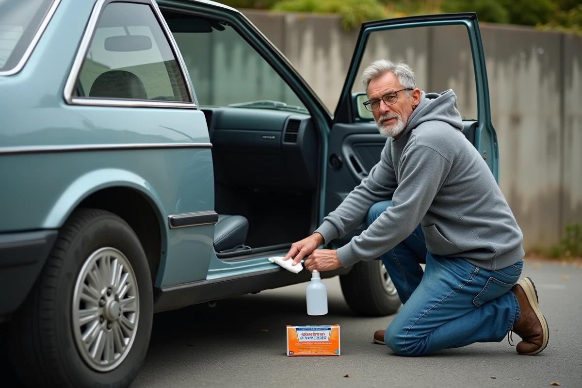 Homme appliquant une solution de bicarbonate sur les plastiques intérieurs jaunes d'une voiture ancienne dans une allée résidentielle