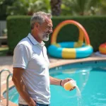 Homme versant du chlore dans la piscine en été