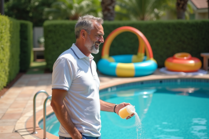 Homme versant du chlore dans la piscine en été