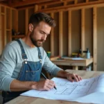 Homme en salopette consultant des plans d'autoconstruction sur un établi en bois dans une maison en chantier