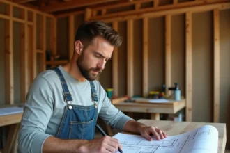 Homme en salopette consultant des plans d'autoconstruction sur un établi en bois dans une maison en chantier