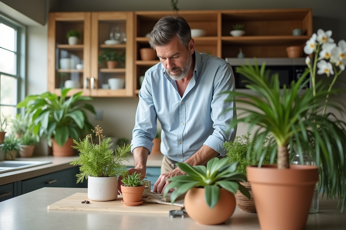 Homme arrangeant des plantes d