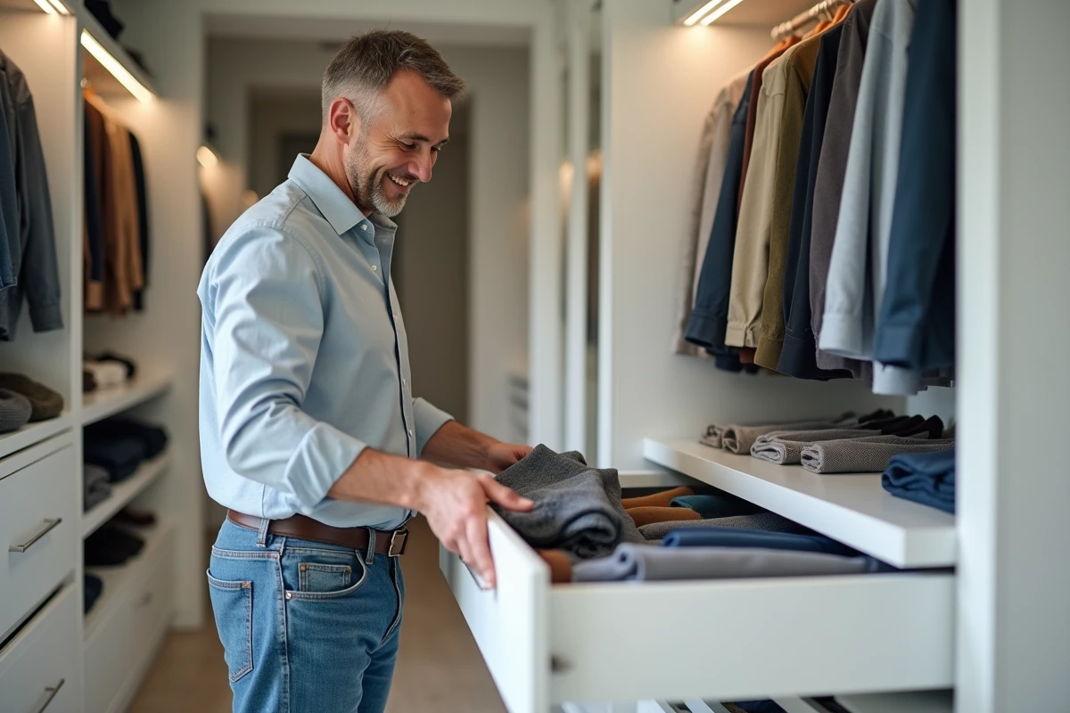 Homme rangeant un pull dans un dressing luxueux
