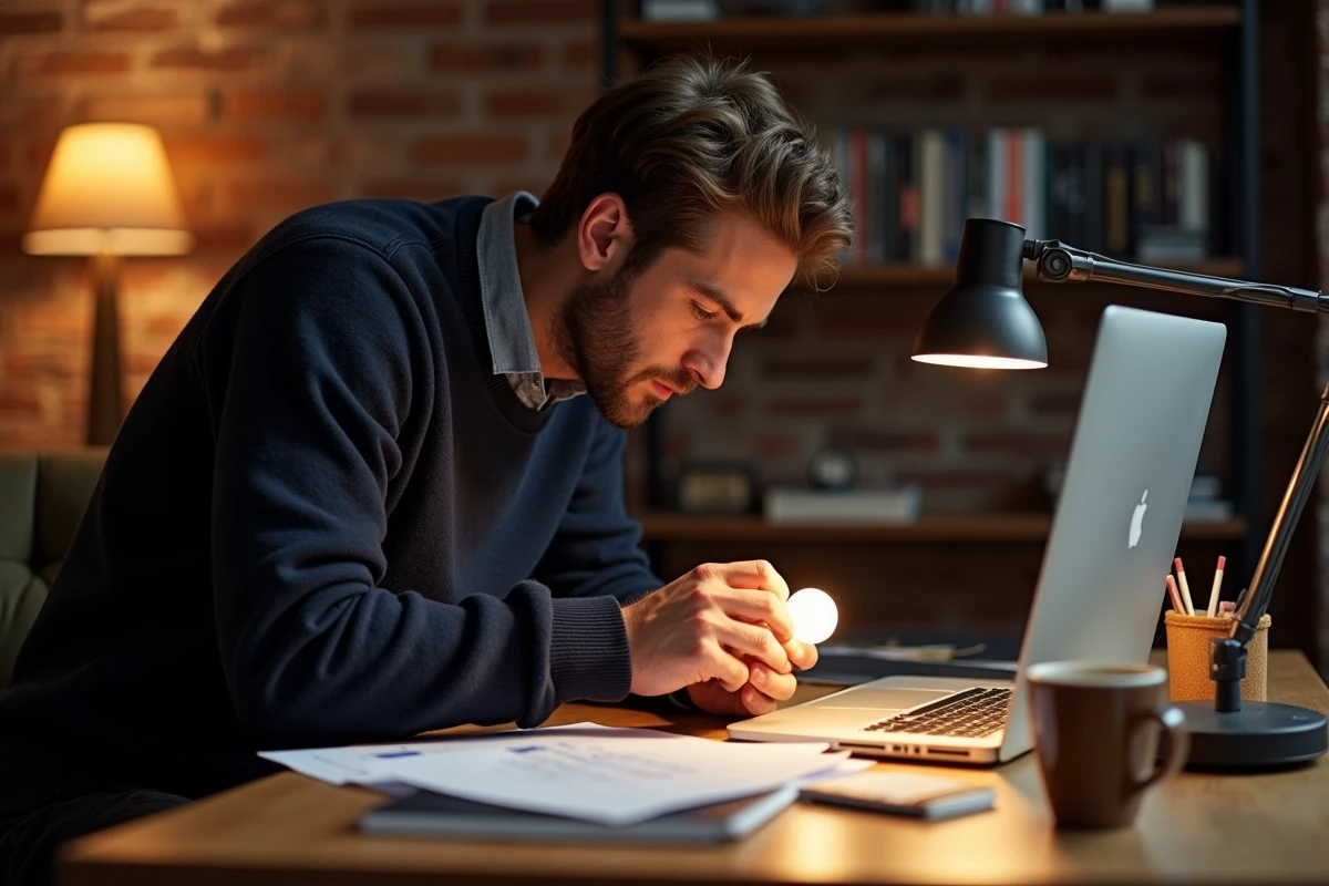 Homme remplaçant une ampoule LED sur un bureau à domicile pour optimiser la consommation électrique en watts