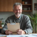 Homme souriant vérifiant des devis de rénovation dans une cuisine