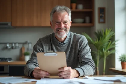 Homme souriant vérifiant des devis de rénovation dans une cuisine