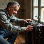 Homme en overalls polissant un radiateur ancien dans un appartement parisien